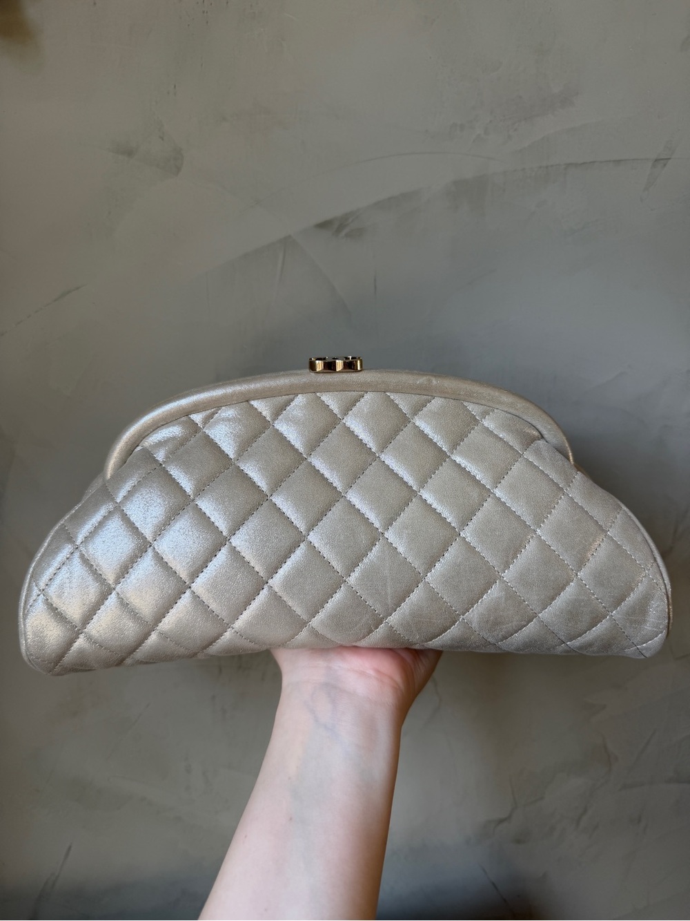 Chanel 12C Iridescent Light Gold Quilted Calfskin Timeless Kisslock CC Clutch
